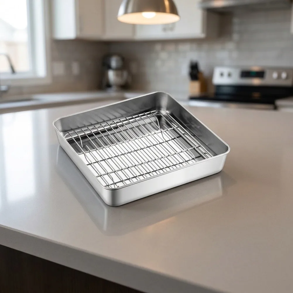 304 Grade Stainless Steel Fryer Tray with Mesh Bottom to Improve Airflow and Reduce Excess Oil During Air Frying Process