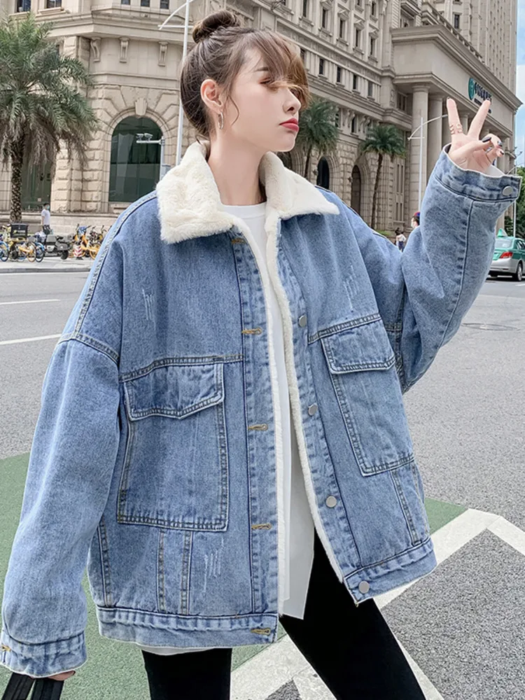

Retro Fleece-lined Denim Jacket Women Loose Padded Thicken Winter Outwear Fashion Big Pockets Hip-Hop Warm Cowboy Coat Street