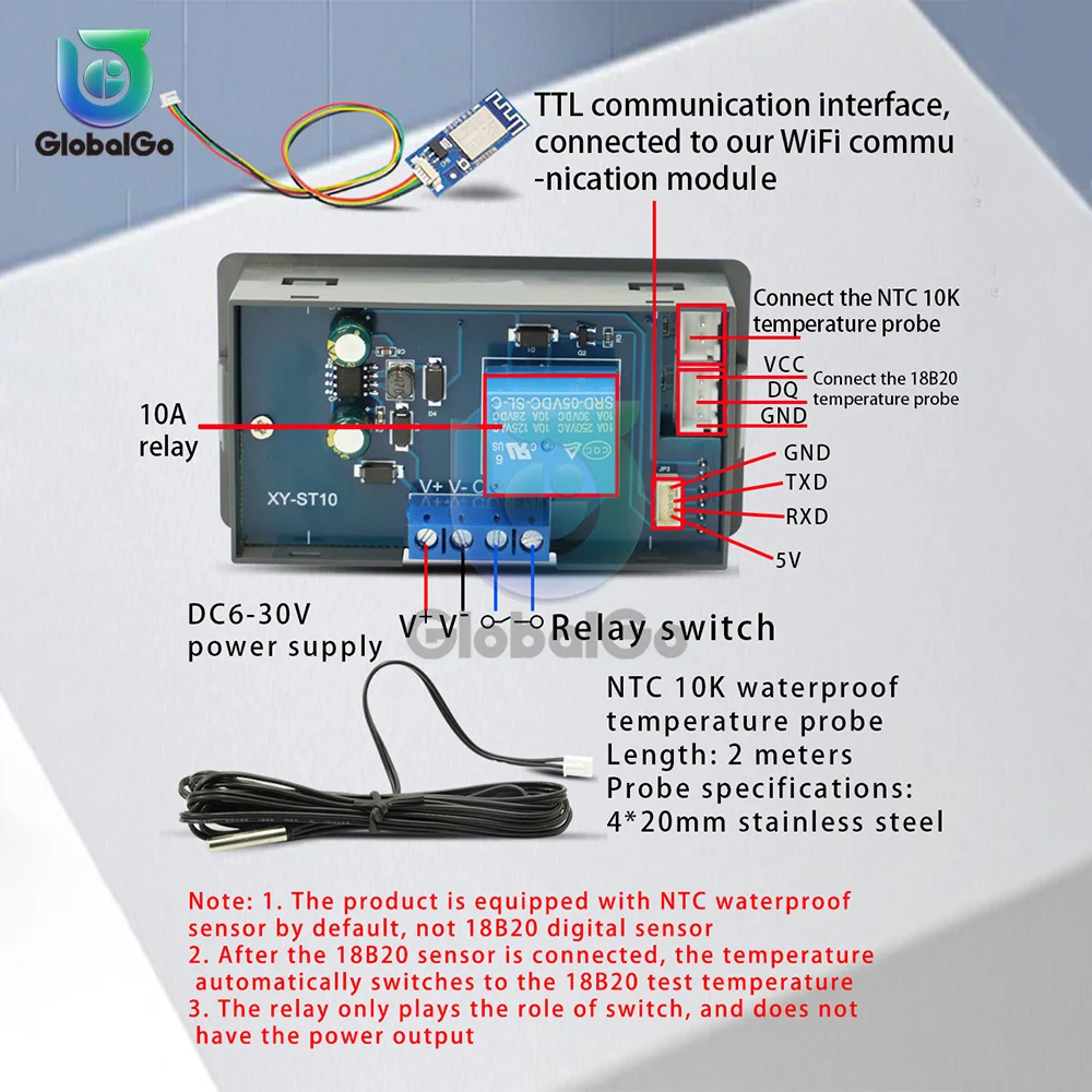 ST10 Remote WIFI Thermostat Temperature Controller Module DC 6-30V 10A Thermostat Regulator Heating Cooling Control With Sensor