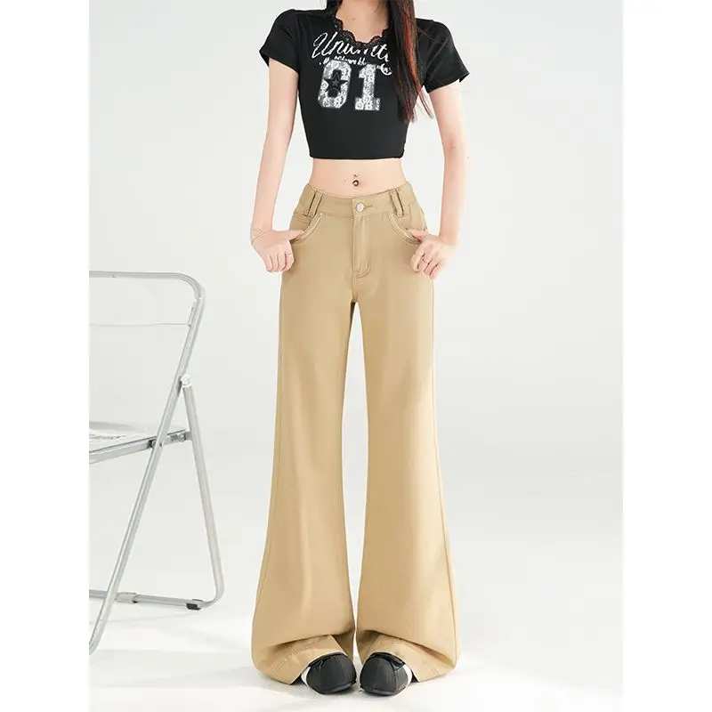 

Women's Spring and Autumn New Product Comfortable High Waist Pocket Design Sweet Girl American Khaki Micro Horn Jeans