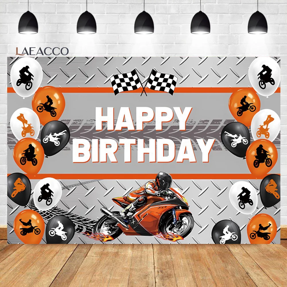 Laeacco Red Black Motorcycle Birthday Party Backdrop Dirt Bike Race Balloons Kids Boy Portrait Customized Photography Background