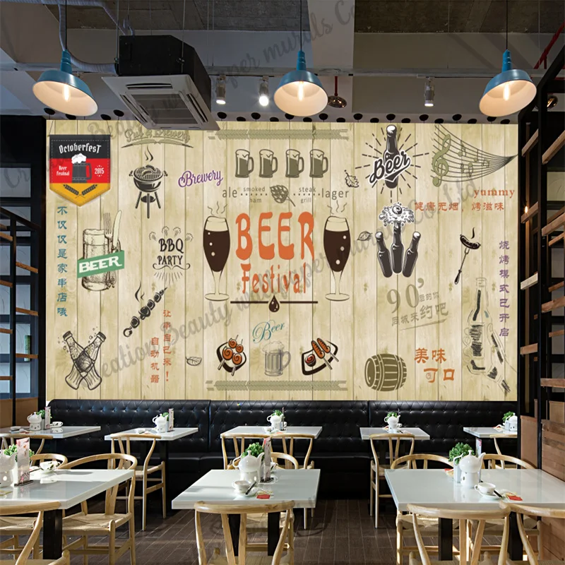 Vintage Hand-painted Beer Barbecue Wallpaper Industrial Decor Mural Bar Restaurant Snack Bar Background Wall Papel De Parede