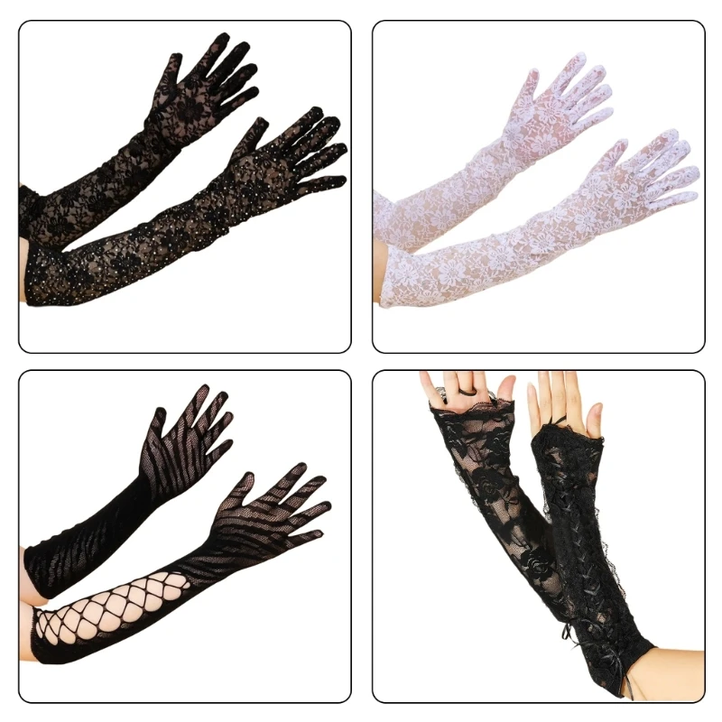 Evening Party Arm Sleeves for Women Girl Elegant Lace Rhinestones Gloves Halloween Accessories Long Arm Gloves for Gowns