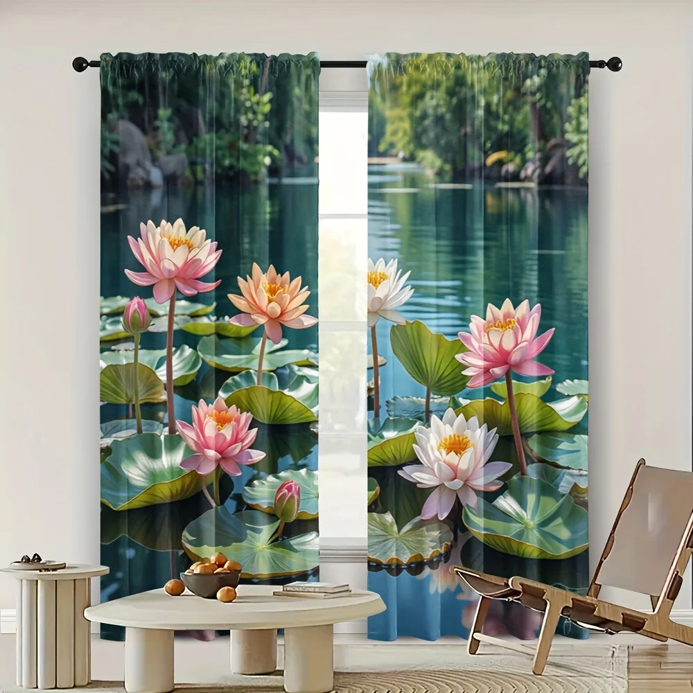 2pcs Lake View Curtains - Blackout Polyester Drapes with Serene Water and Lily Pad Design, Rod Pocket for Easy Hanging, Perfect
