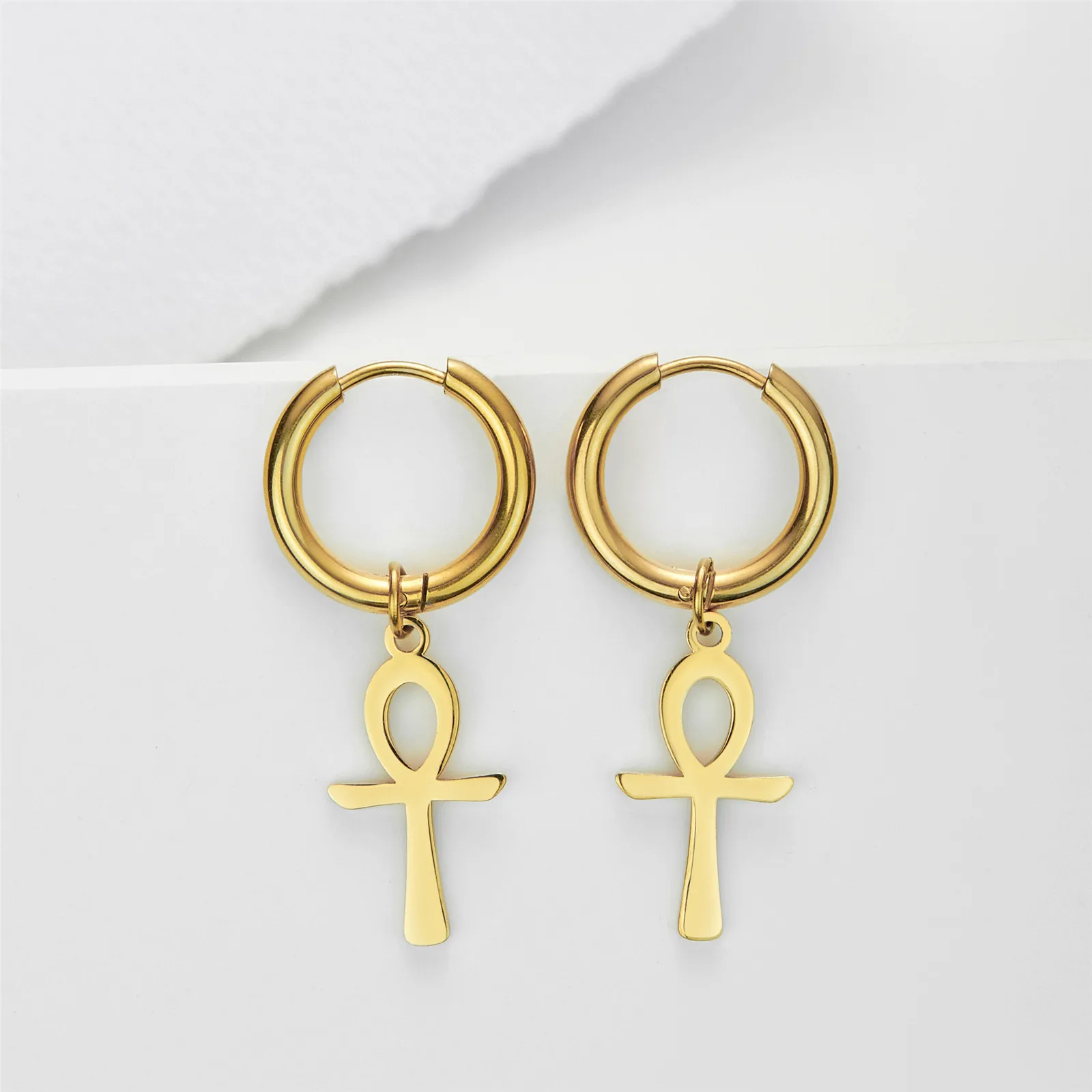 Skyrim Egypt Ankh Cross Drop Earrings Women Gold Color Stainless Steel Dangle Earrings Amulet Crucifix Egyptian Jewelry Gift