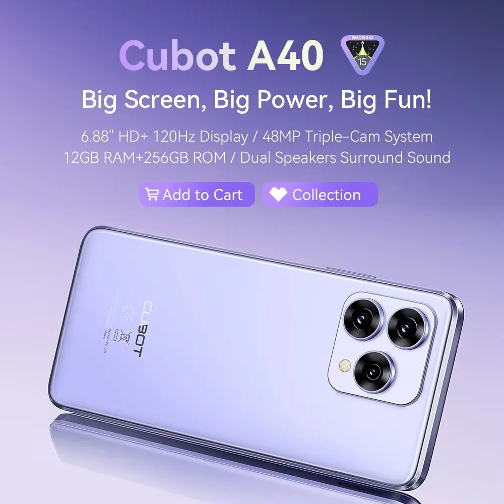Cubot A40 هاتف ذكي Android 15 12 GB(4 + 8 )+ 256 GB 6,88'' 120Hz 5100 mAh NFC/GPS التعرف على الوجه 4G Telephone Portable IPS