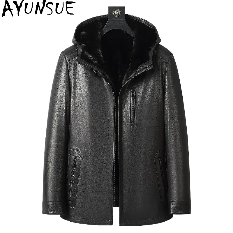 

AYUNSUE High Quality 100% Goatskin Genuine Leather Jacket Men Hooded Winter 2026 Luxury Mink Fur Liner Coat Warm Black Fur Coats