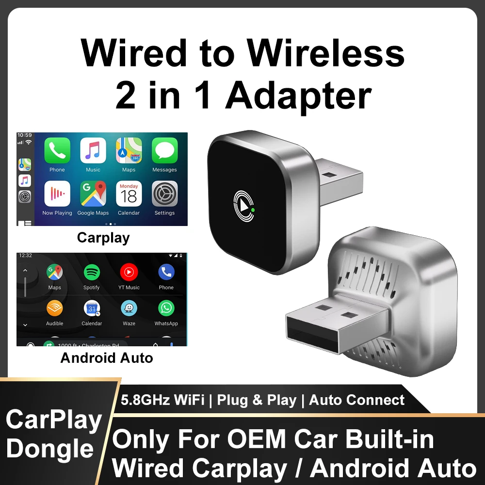 

Новый беспроводной адаптер CarPlay Android Auto 2025 года, универсальный автомобильный игровой адаптер Plug And Play для VW Toyota Nissan Honda Ford Benz, проводной CP/AA