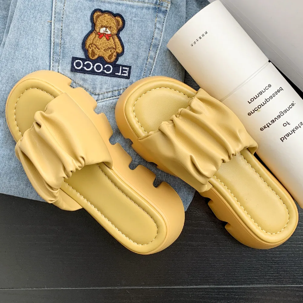 Women's great pu leather thick sole platform flats summer casaul slides soft comfortable pleated female outdoor slides shoes hot