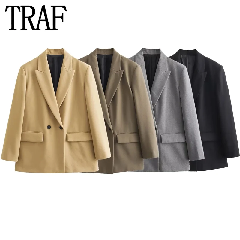 TRAF Oversize Blazer Woman 2023 Double Breasted Elegant Women\'s Blazer Autumn Office Casual Long Sleeve Button Jacket Women