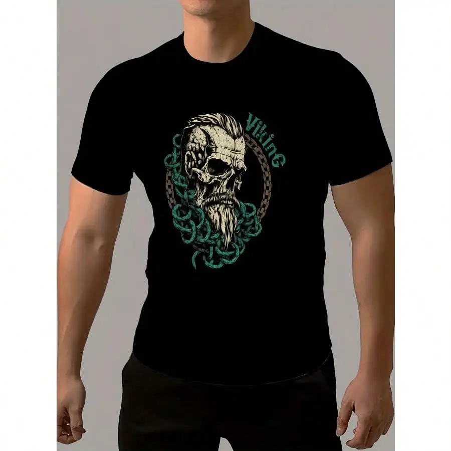 قطعة واحدة من تي شيرت مطبوع عليه جمجمة الفايكنج للرجال، رقبة دائرية كاجوال، قماش بوليستر 100%، تصميم طباعة منظم، S