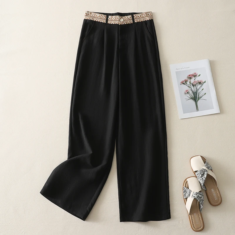 กางเกงขายาวทรงตรงผ้าลินินปักลายเอวสูงสำหรับผู้หญิง สไตล์ลำลอง สีพื้น ทรงหลวม ใส่สบาย เหมาะสำหรับฤดูใบไม้ร่วง