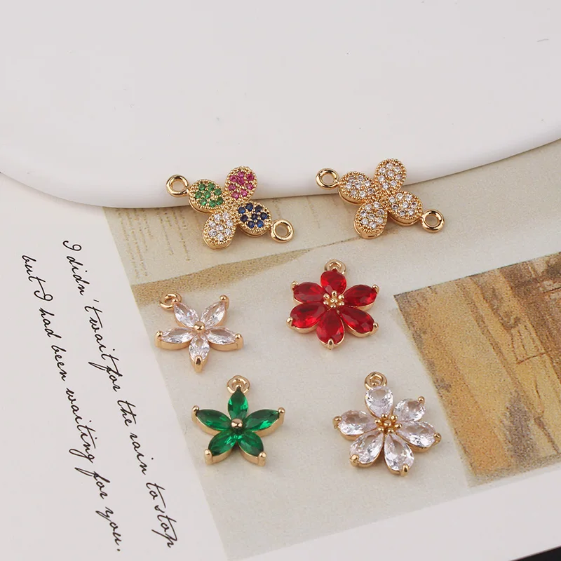 6pcs Copper Plated Gold Inset Zircon Six-petal Flower Clover Double Pendant Earrings Necklace Bracelet Diy Accessories Charms