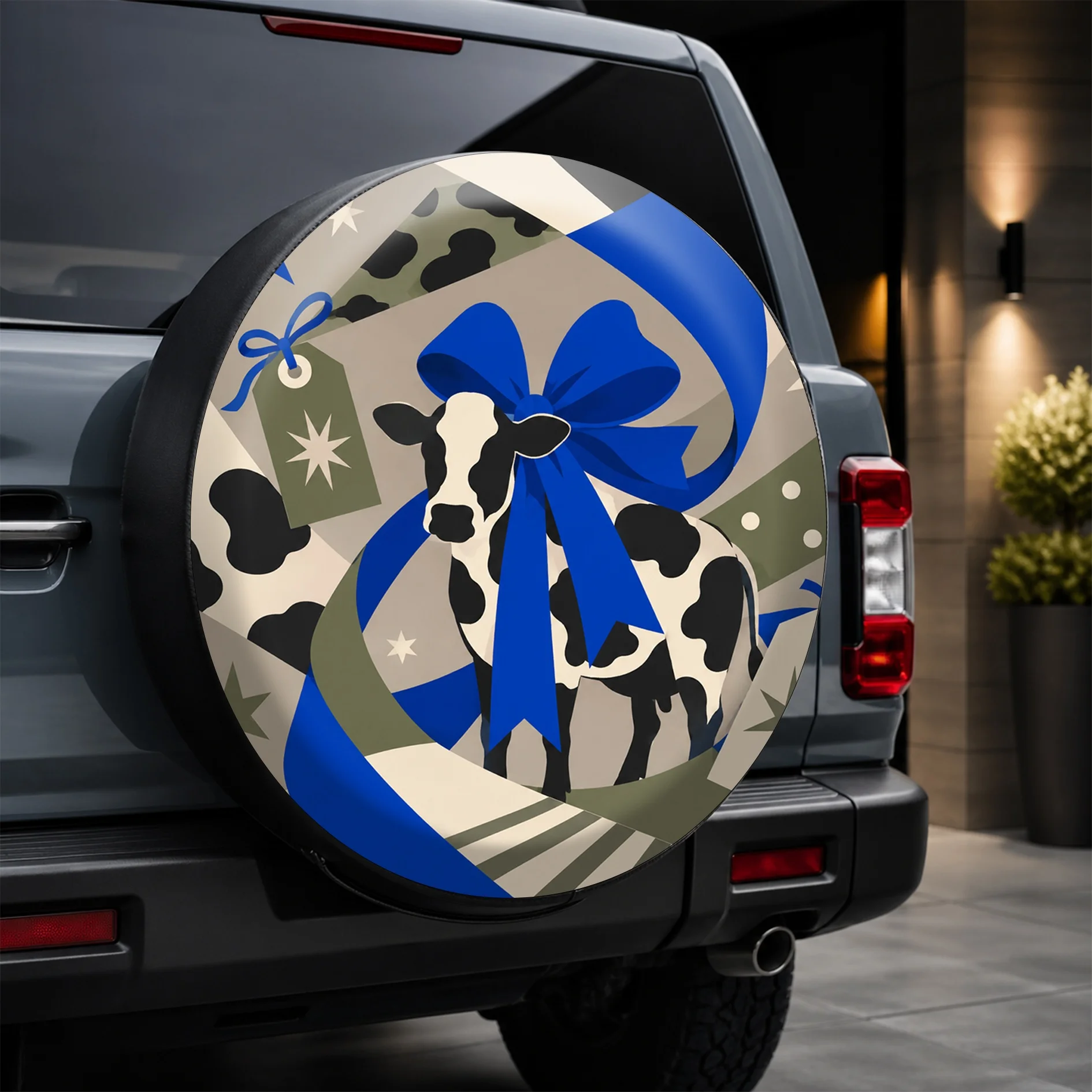 1pc Cow Print And Blue Ribbon Star Elements Car Tire Cover, Fashionable Universal Wheel Hub Protector, Spare Tire Protection, Pe