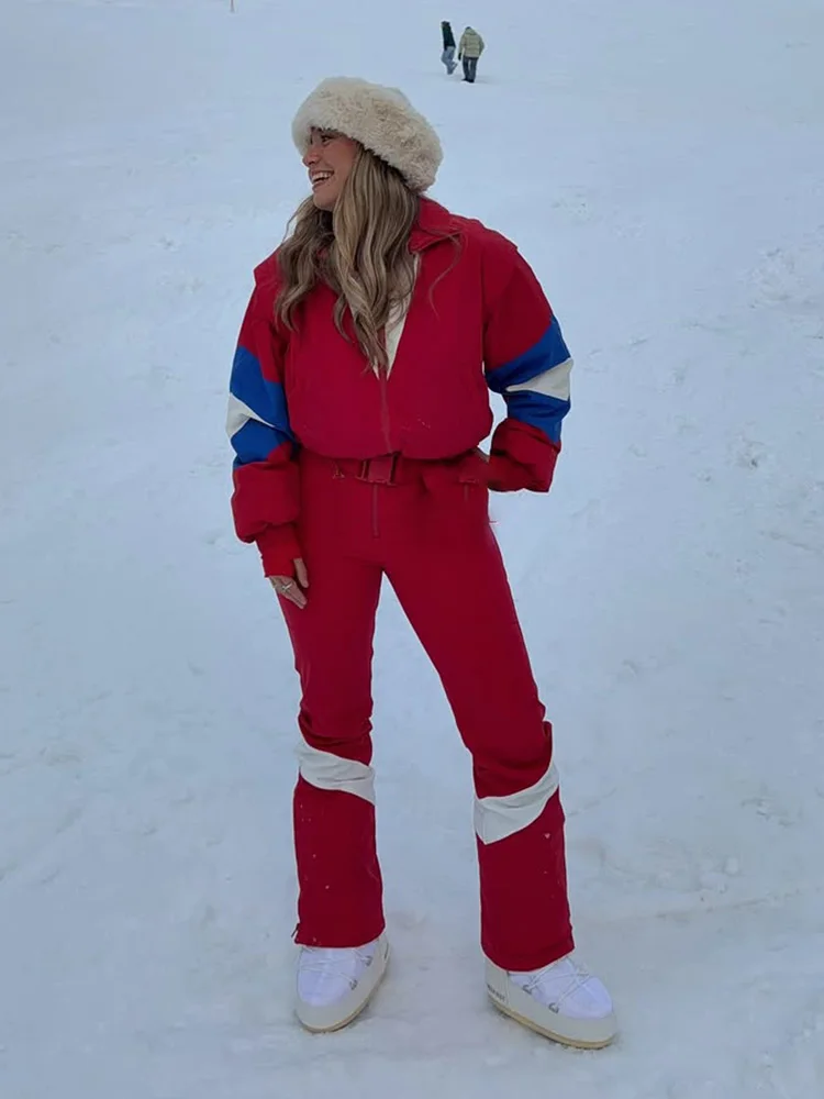 Fashion Panelled Color Women's Trouser Suit Stand Collar Full Sleeves Slim One-piece Ski Suits 2026 Winter Lady Skiwear New