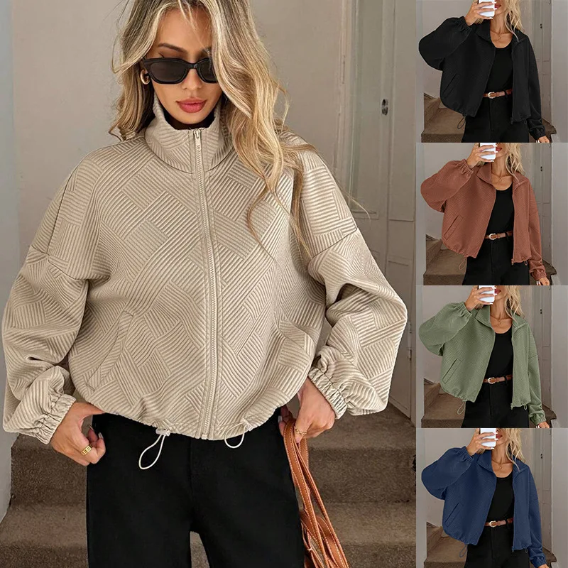 

Women's 2025 New High Neck Baseball Jacket Loose Fit Zip Up Coat with Drawstring Hem Pockets Vintage Streetwear Outerwear