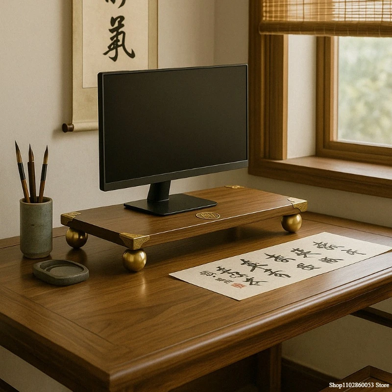 Chinese Style Monitor Riser Stand Walnut Desktop Shelf with Brass Ball Legs Screen Display Base for Office Workspace Organizer