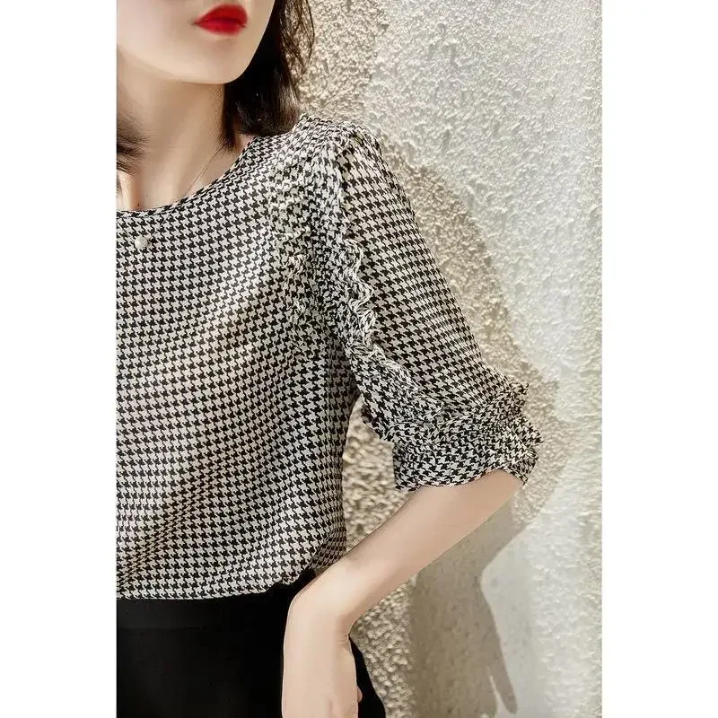 2024 Fashion Spring Casual Korean Houndstooth Chiffon Blouse Women Crew Neck Half Sleeves Sweet Lattice Oversized Top LJ544