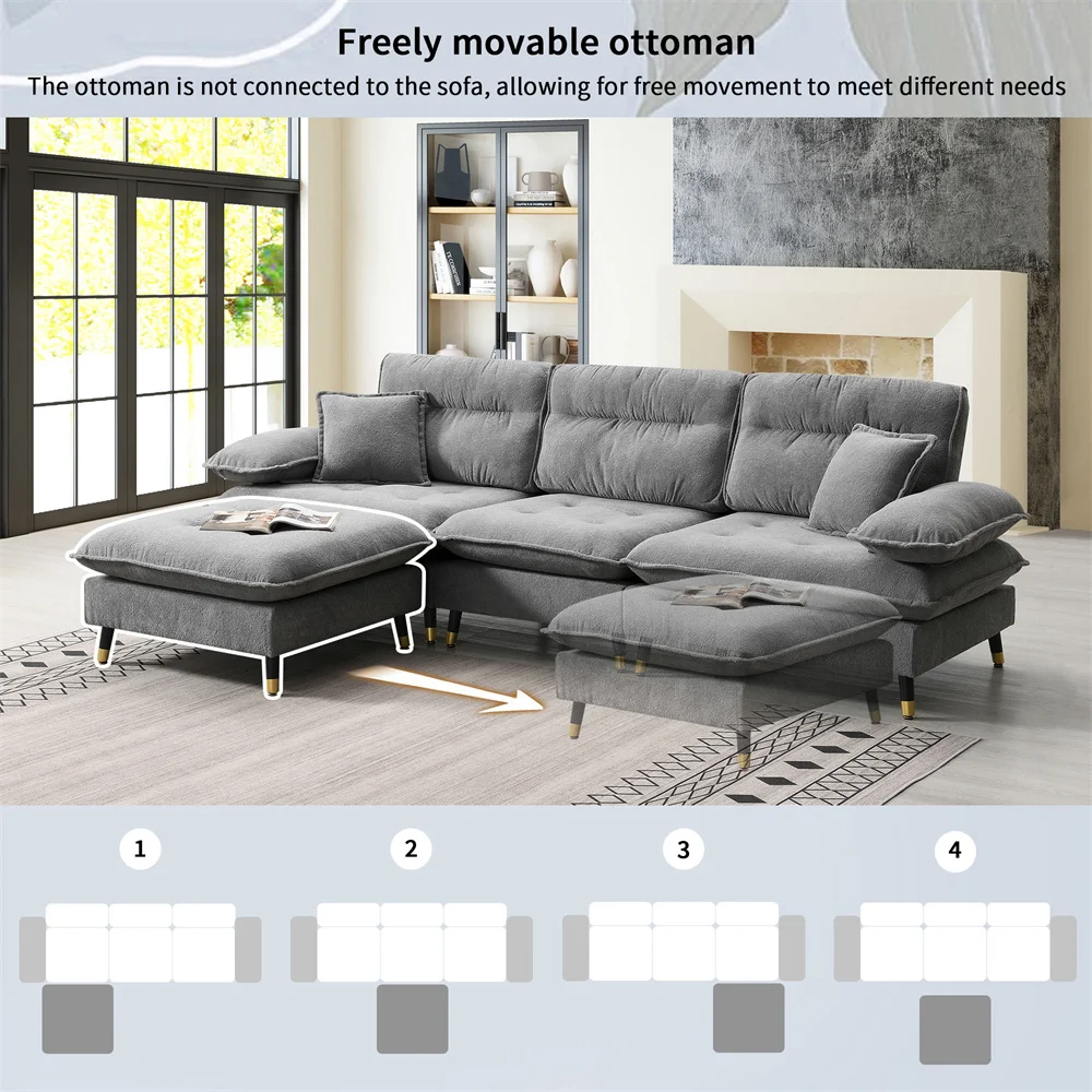 

Customizable 4 Seat Tufted Futon Couch Set Cloud Chenille Fabric Movable Ottoman with Adjust Legs L Shaped Convertible Sectional