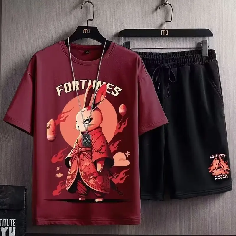 

2023 New Rabbit Year Red ort Sve orts Set plus Size Loose Fitting Sportswear Casual Teen Boys Five-Quarter Length T-irt