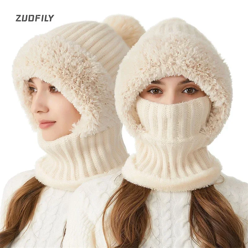 Winter Balaclava Warm Hat Cycling Face Mask Cold-proof Thermal Knitting Plush Hat Hooded Neck Warmer Outdoor Hiking Cycling Cap