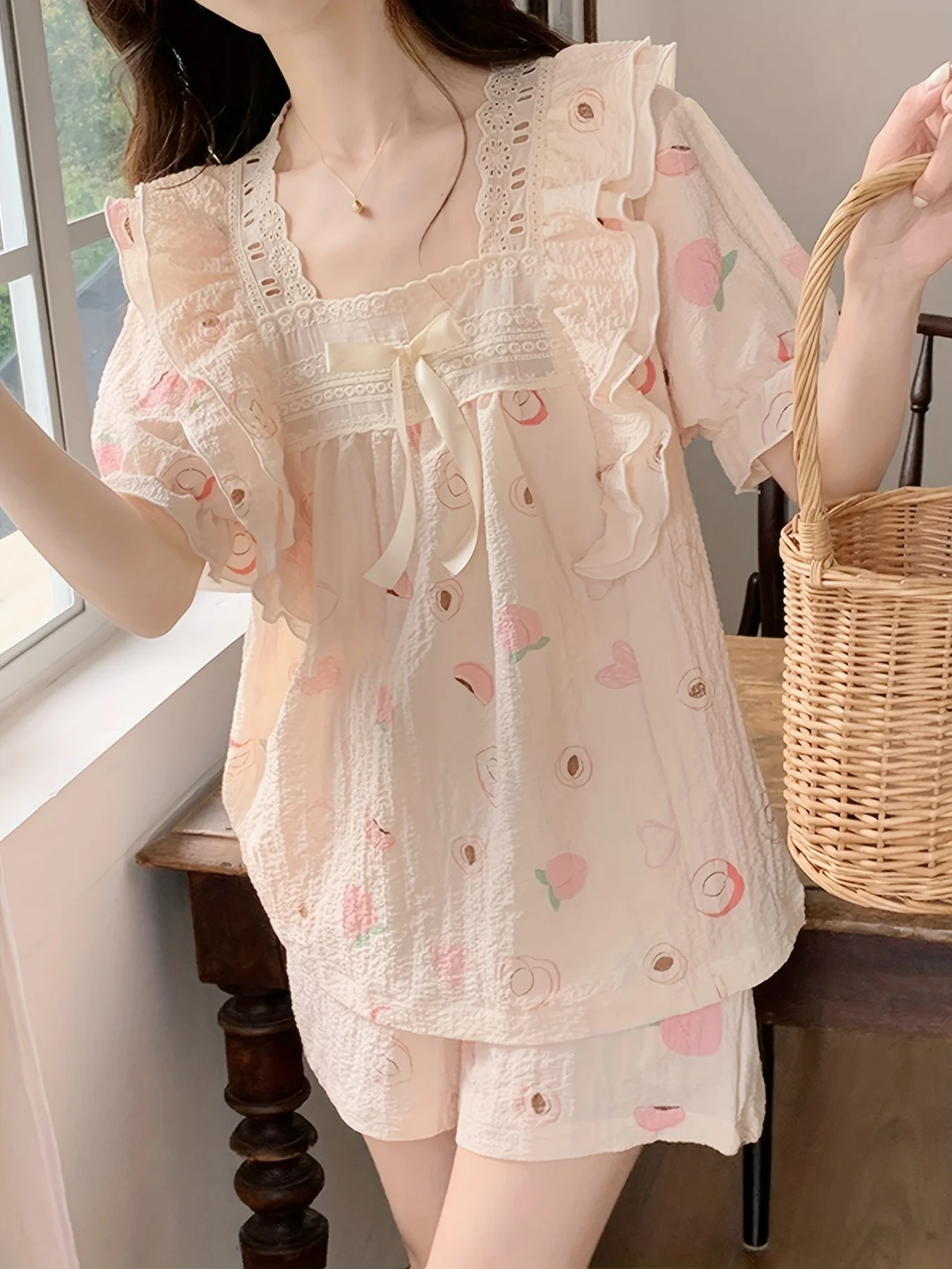 Peach Print Textured Contrast Lace Pajama Set Sweet Ruffle Trim Puff Sleeve Square Neck Top & Elastic Shorts Women\'s Sleepwear