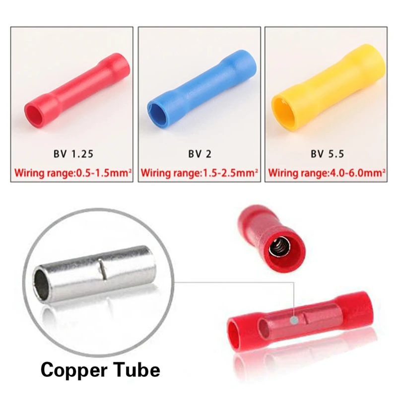 

100/200/300PCS Insulated Straight Wire Crimp Terminals Electrical Wire Butt Connectors BV1.25 BV2 BV5.5 Copper Tinned Terminal