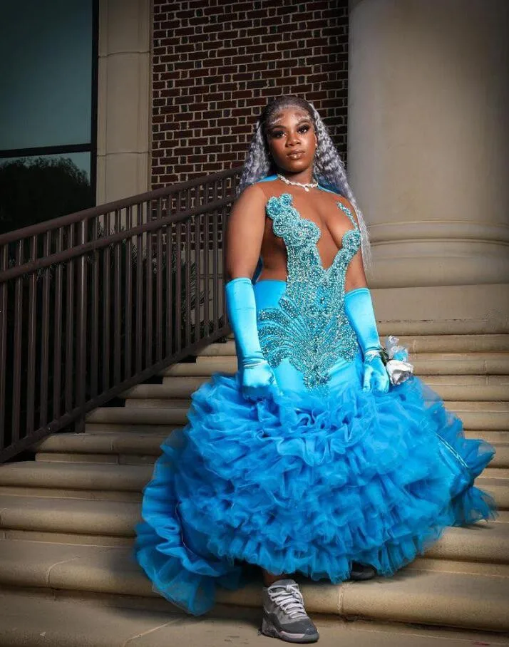 Blue Long Sparkly Mermaid Evening Party Formal Dresses for Black Girl Luxury Diamond Crystal Prom Birthday Gown Ruffles Skirt