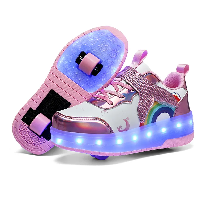 Children's Two Wheels Walking Shoes Girls' Princess LED Light Shoe Child Roller Skate Shoes Kids Flying Shoe Women Sneakers