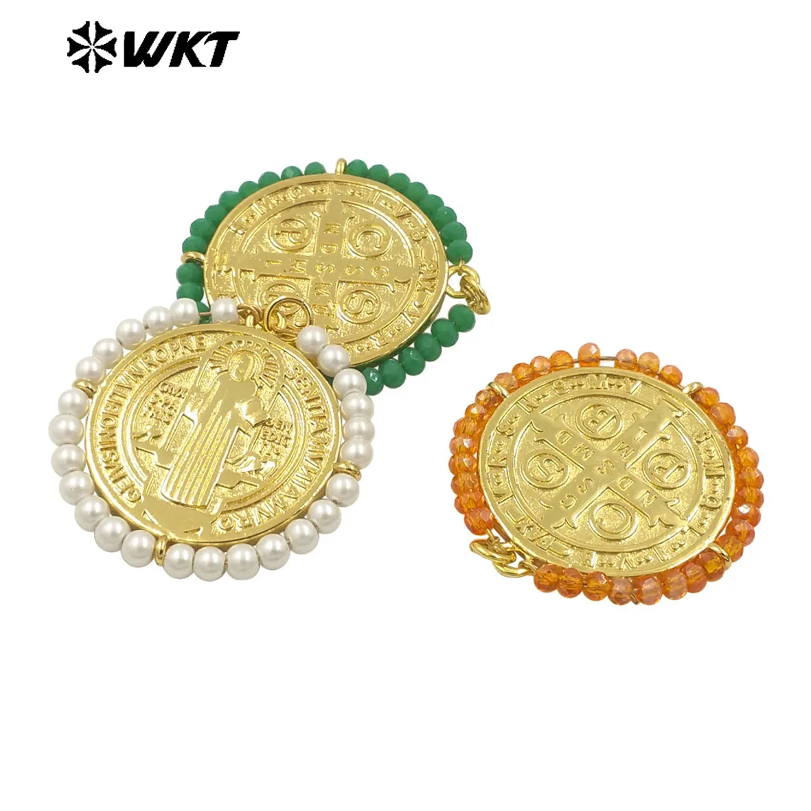 WT-MP298  WKT 2024 Religious Style Round Pendant Yellow Brass Virgin Jewelry Supplies Crystal Hot Design Pendants Jewelry