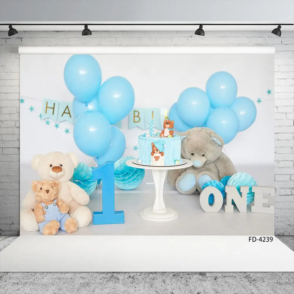 ブルー風船玩具クマケーキ写真撮影の背景ビニール背景子供の誕生日パーティーベビーシャワーphotophone好き写真