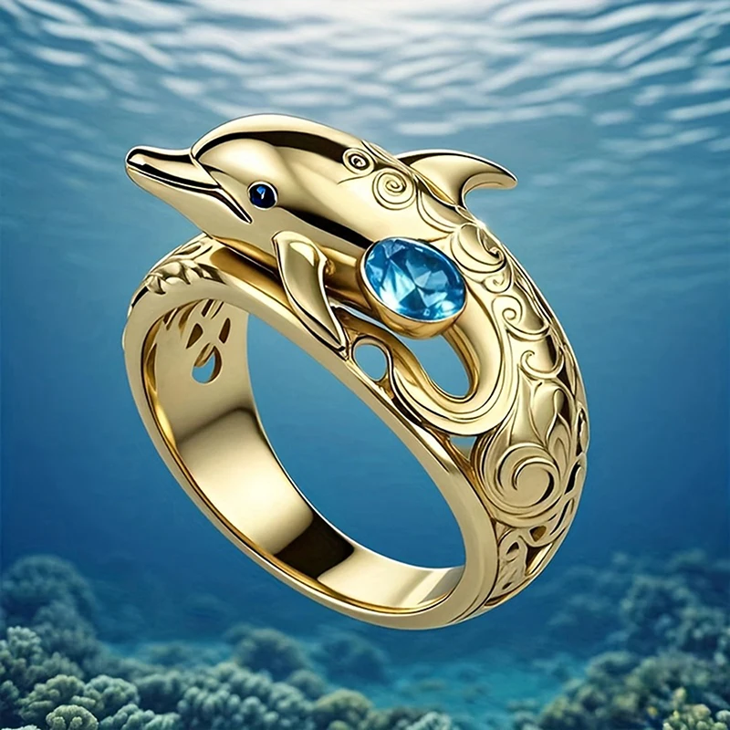 Huitan Edle Delfin-Ringe für Damen, beliebte Glücksbringer-Fingeraccessoires für Frauen, zarte Mode-Verlobungs- und Partyschmuckstücke, Dropshipping