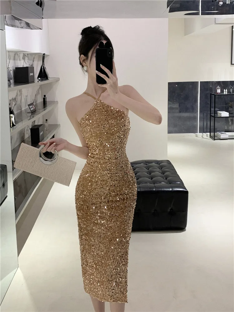 Sexy Hot Blingbling Stunning Party Dress Women Chic Black Gold Sequined Halter Pencil Midi Dress Sleeveless Tight Bodycon Dress