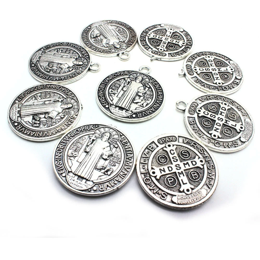 10Pcs Alloy Wafers St. Benedict Medal Hole Beads Saint Benedict Exorcism Connected for DIY Necklace Pendant Accessories