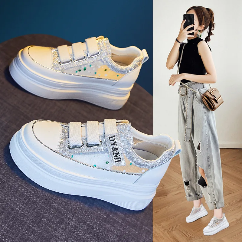 

Дышащие сетчатые слипоны-кроссовки женские летние новые на толстой платформе повседневные универсальные из натуральной кожи с увеличением роста