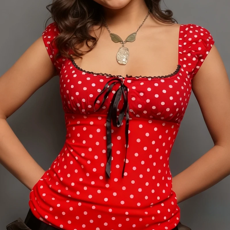 

Кокетливые топы Milkmaid в горошек, винтажные укороченные топы с квадратным воротником и короткими рукавами, эстетичная футболка 2000-х годов с бантом, милые футболки Fairy Y2k