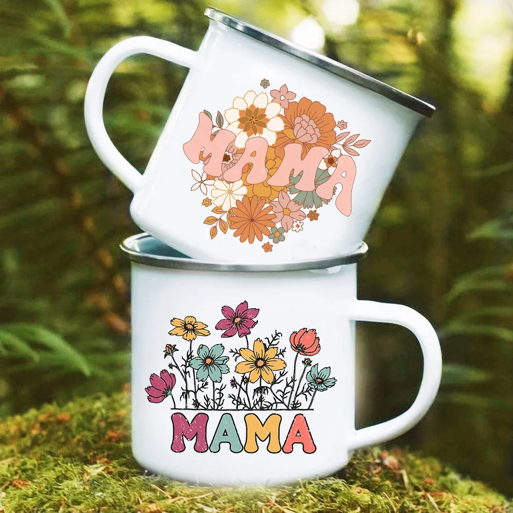 

Mama Flower Print Mug Creative Enamel Mugs Drinks Coffee Cup Travel Camping Cups Vintage Handle Drinkware Best Gifts for Mother