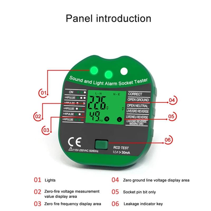 Socket Tester Voltage 30Ma RCD Leakage Test Smart Detector Zero Line Plug Polarity Phase Check Tool US Plug