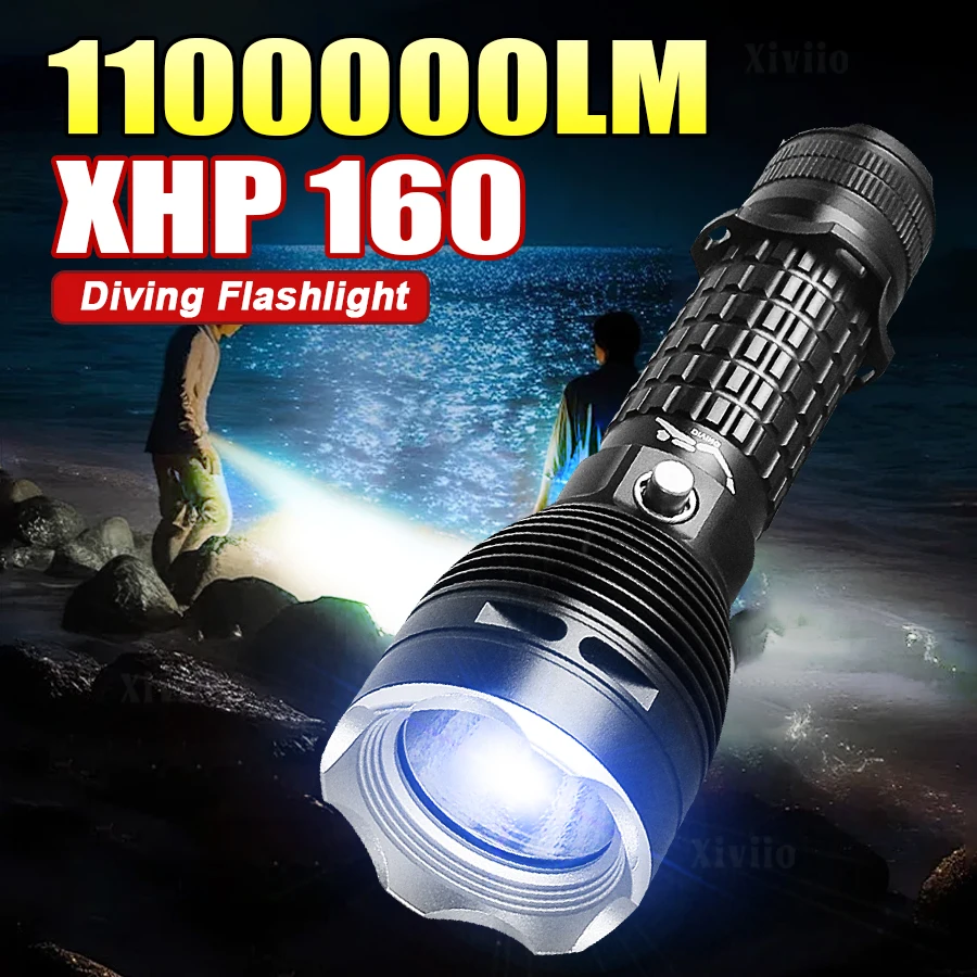 

1100000LM Super Powerful Diving Flashlight XHP160 IPX8 Waterproof Professional Scuba Diving Torch 3 Modes High Power LED Lantern