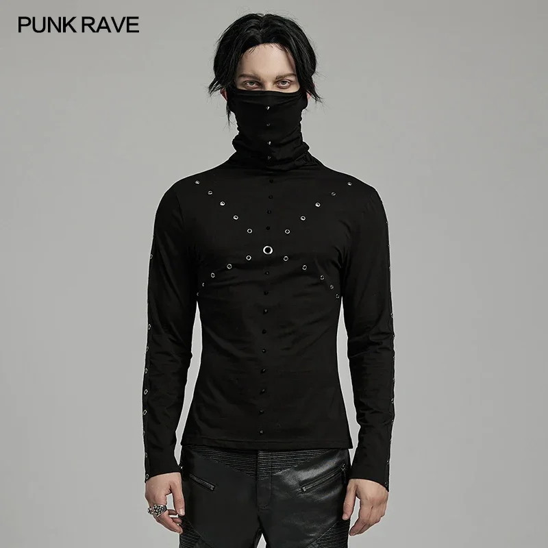 PUNK RAVE Men\'s Punk High Collar Ear Holes Design T-shirt Spikes Eyelets Decoration Daily Black Tops Tees Streetwear Autumn