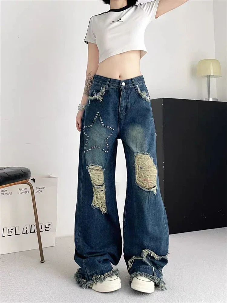 Women's Broken Hole Tassel Star Jeans Young Girl Straight Denim Trousers Vintage Street Style Bottoms Female High Waisted Pants