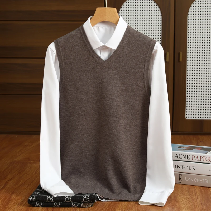 2025 New Men's knitted Business Vest Australia Pure Wool Pullover Sweater Casual High-quality Solid Color V-Neck Loose Tops