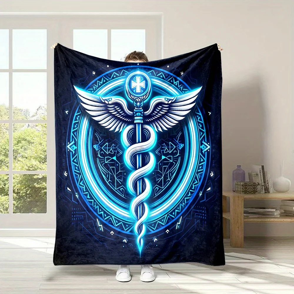 

Contemporary Flannel Digital Print Throw Blanket Caduceus of Asclepius Design, Soft Polyester, Non-Woven, Reversible, All-Season