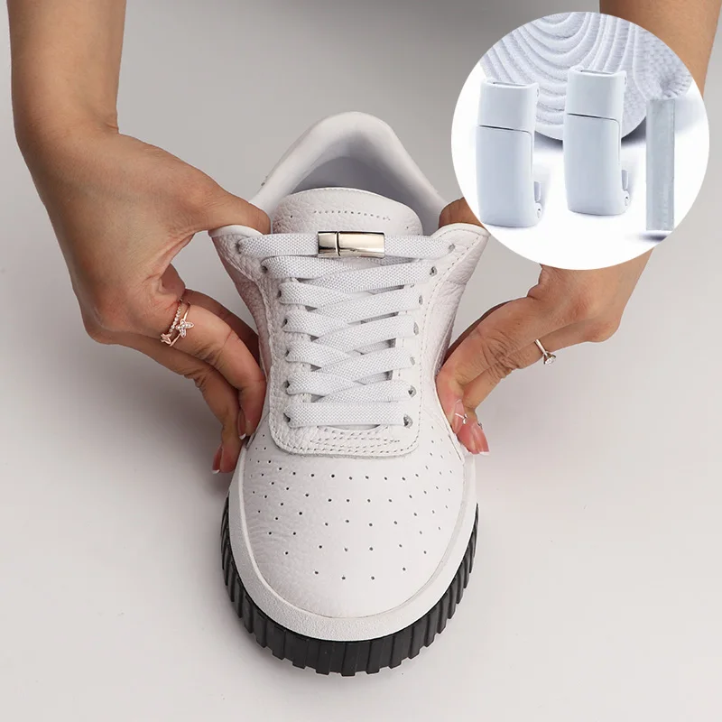 1Pair All White Laces  No Tie Shoe Laces For Sneakers Metal Lock Magnetic Shoelaces Rubber Bands for Shoes Accessories