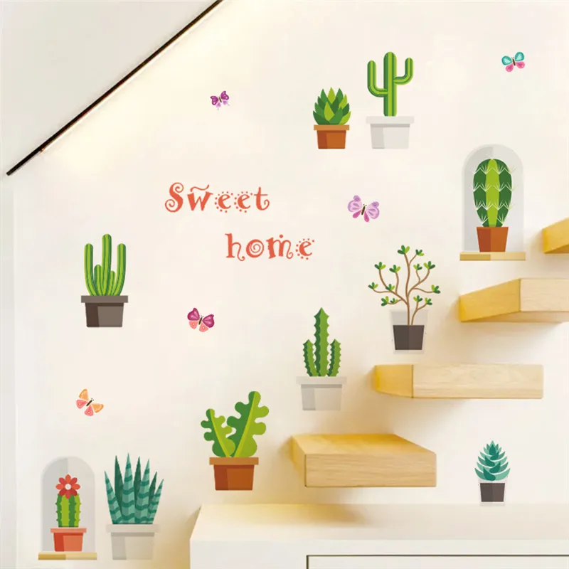 Cactus Flowerspot Wall Stickers Home Decoration Diy Prickly Pear Pastoral Mural Art Diy Decorative Plant Wall Decal Peel & Stick