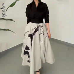 Wefads Autumn Fashion 2 Piece Set Women Office Elegant Long Sleeve Lapel Solid Shirt Top Loose Printed Long Skirt Set Streetwear