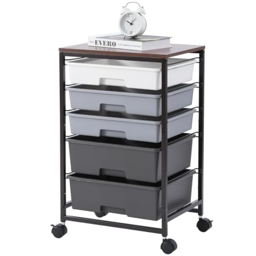 

Utility Cart with 5 DrawersStorage Drawer Cart with Wooden Tabletop and Lockable Wheels Craft Storage Trolley Cart 5-Tier Rolli