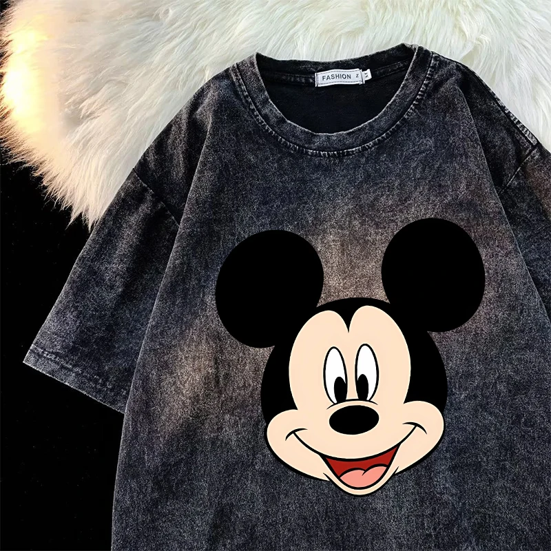 Disney Mickey Printed Streetwear Vintage Washed T-shirt Harajuku Cartoon Donald Duck Graphic Print Acid Wash Tops Tee Y2K Shirt