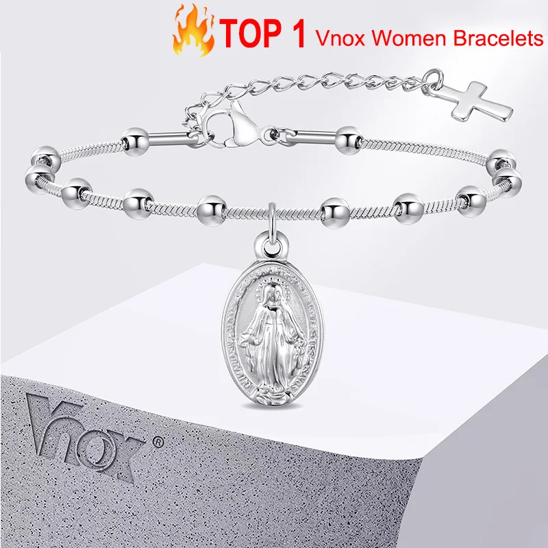 Vnox Rosary Bracelet for Women Girls, Gold Plated Stainless Steel Religious Cross and Virgin Mary Prayer Bracelets Gifts