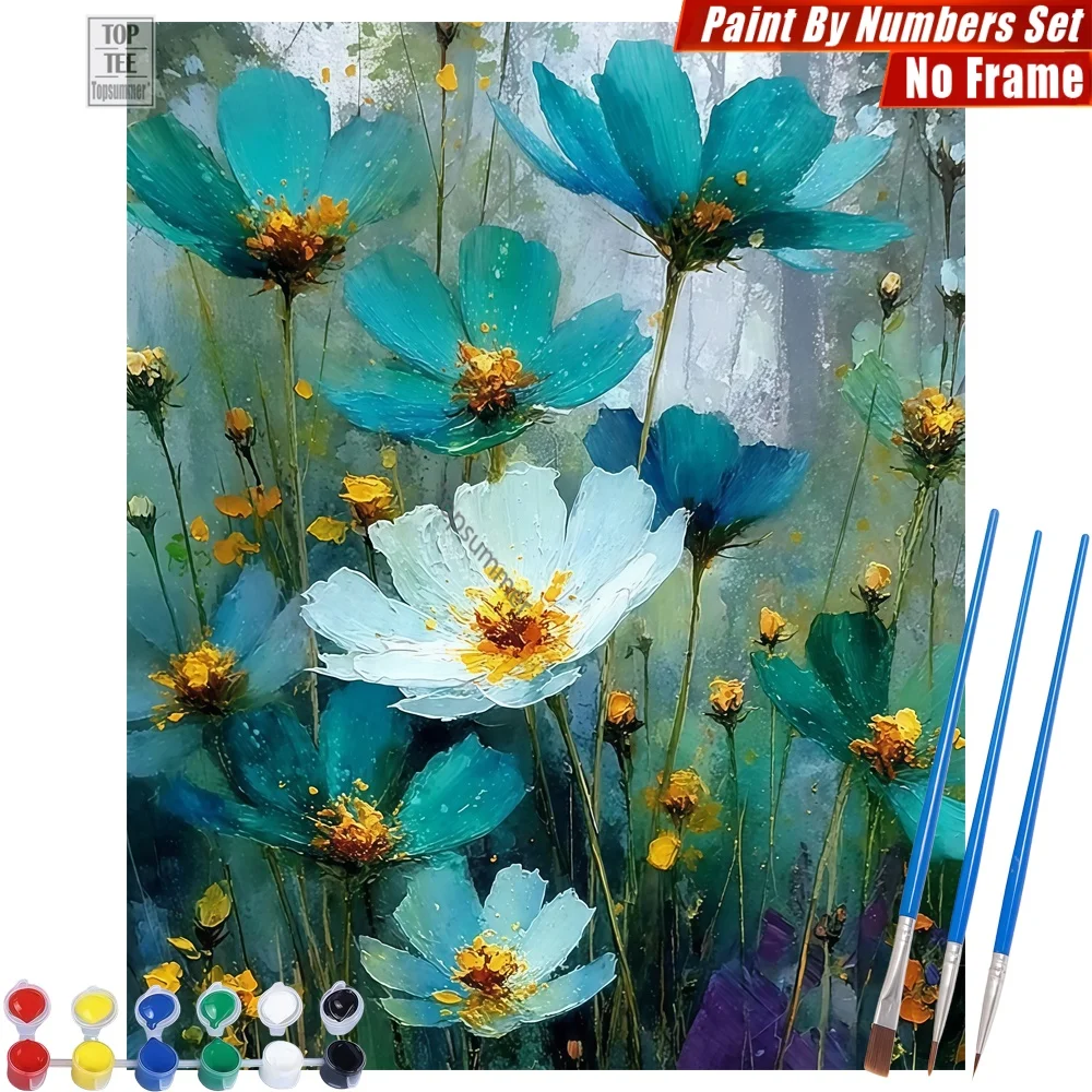 

Набор для рисования по номерам «Сине-белые цветы» - цветущие цветы в туманной дымке, декор для дома и спальни, подарок на день рождения для сына